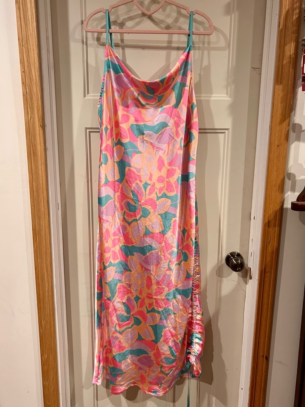 ASOS Curve Pink & Teal Floral Satin Midi Slip Dress